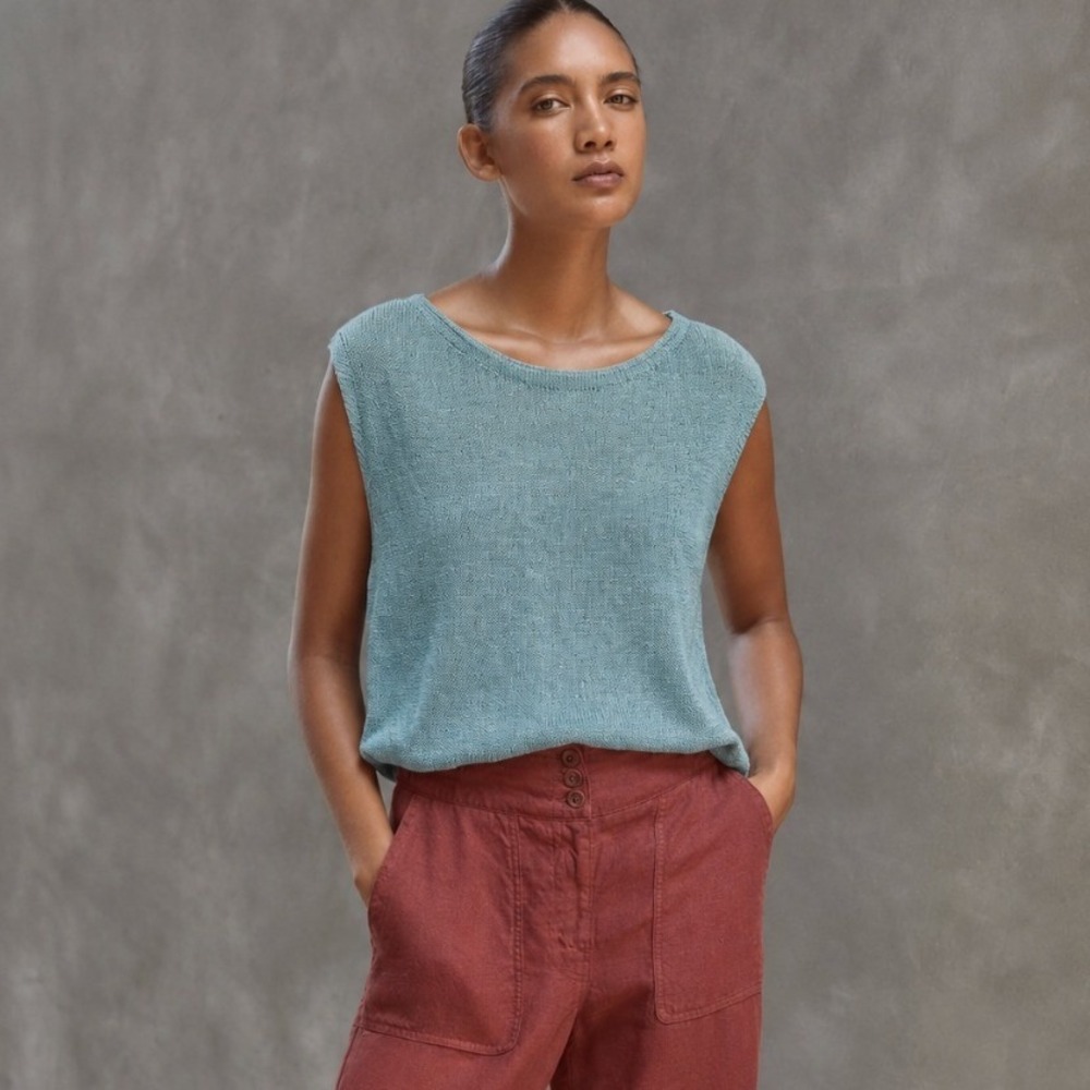 Poetry Linen Knit Tank Top 8 Blue Green Sleeveless Mesh Shell Beach Lagenlook